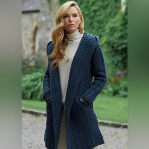 Women's Aran Crafts Shawl Hooded Cardigan in Malard Blue - XXL - like new!